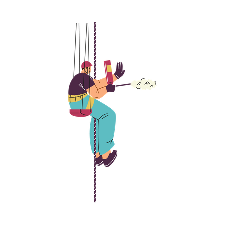 A male character in uniform hangs on a safety rope holding polyurethane foam in his hands  Illustration