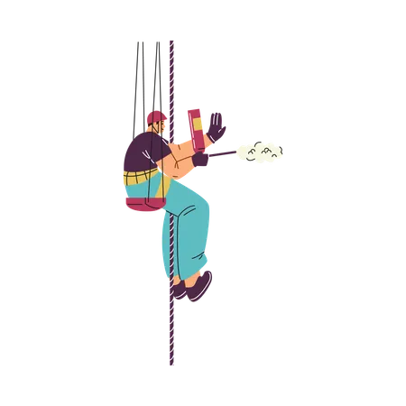 A male character in uniform hangs on a safety rope holding polyurethane foam in his hands  Illustration