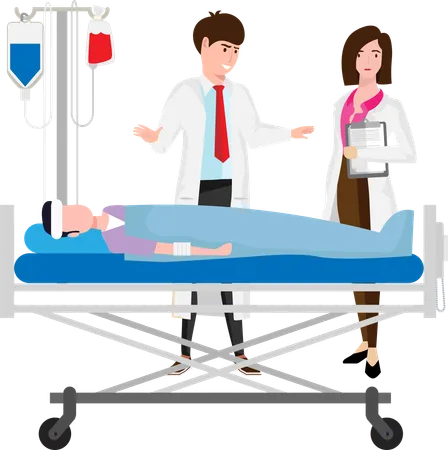A Male Doctor And A Female Doctor Analyze The Condition Of A Patients Broken Bone And Need Urgent Surgery Vector Illustration Illustration