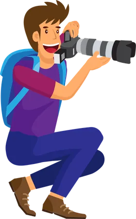 A Male Photographer Holding A High End Camera Long Lens Photographing Distant Birds Or Animals Illustration