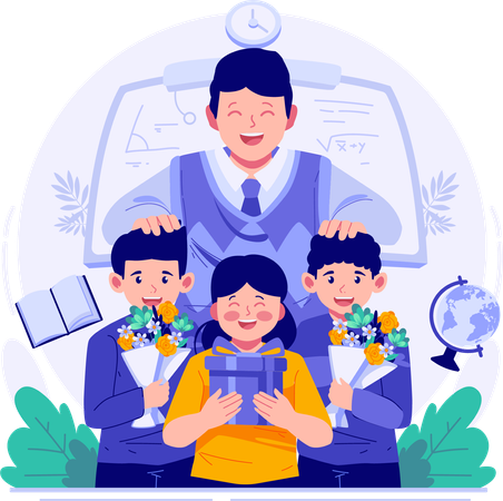 A Male Teacher and Children Students Holding Gifts and a Bouquet of Flowers  Illustration