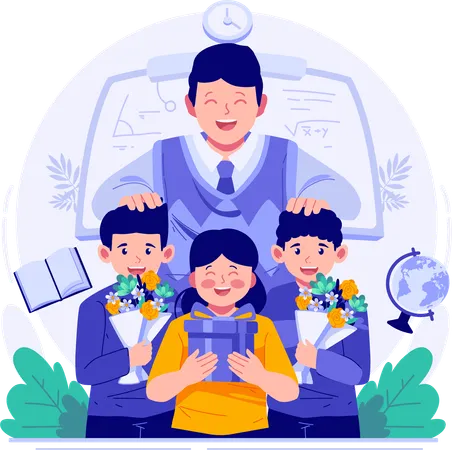 A Male Teacher and Children Students Holding Gifts and a Bouquet of Flowers  Illustration