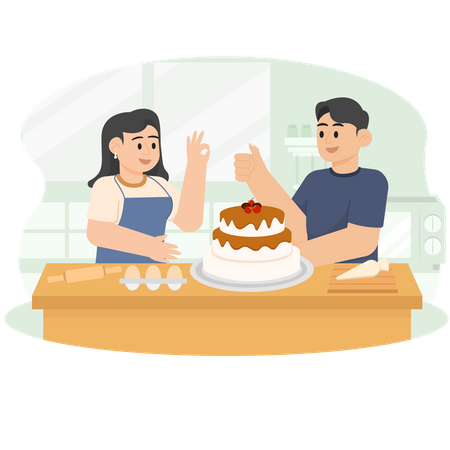 A Man and a Woman Finished Baking a Cake  Illustration