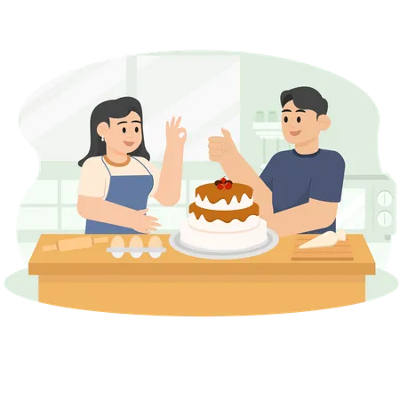 A Man and a Woman Finished Baking a Cake  Illustration