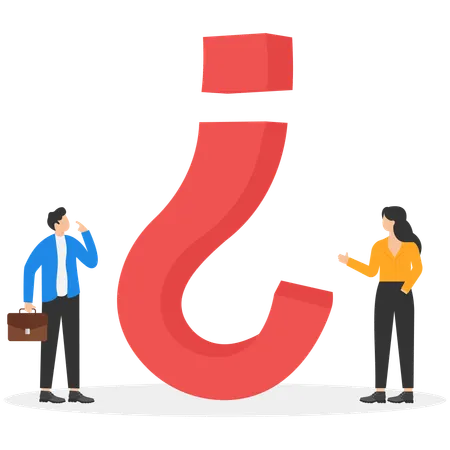 A man and a woman are looking at an inverted question mark  Illustration