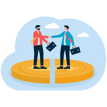 A man and woman shake hands over the same pie chart  Illustration