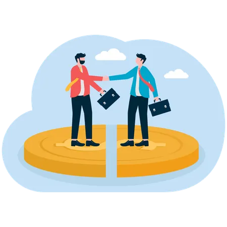 A man and woman shake hands over the same pie chart  Illustration