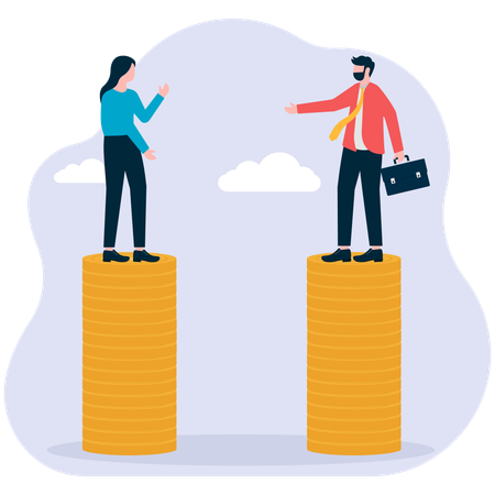 A man and woman stand on the same pile of coins  Illustration