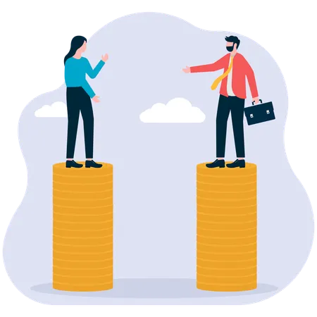 A man and woman stand on the same pile of coins  Illustration