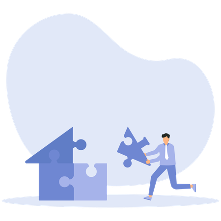 A man building a house together with a jigsaw puzzle  Illustration