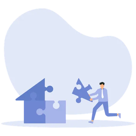 A man building a house together with a jigsaw puzzle  Illustration