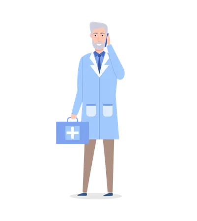 A Man Doctor Talking On Mobile Phone Elderly Male Character Wearing Medical Clothes Holding First Aid Kit Goes To Meet The Patient In Clinic Medical Worker In A Doctor S Suit With Medical Case Illustration