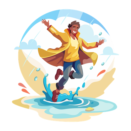 A man enjoy rain and jumping on water  Illustration