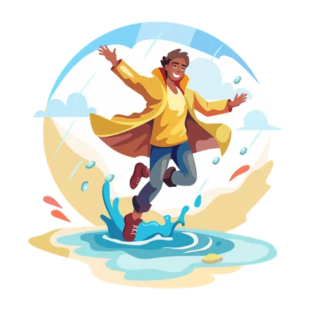 A man enjoy rain and jumping on water  Illustration