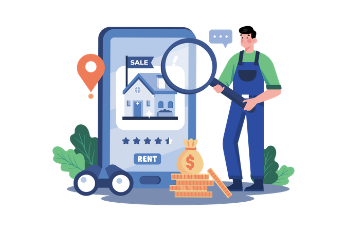 A man finding a house for rent on a mobile app  Illustration
