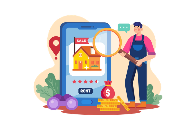 A man finding a house for rent on a mobile app  Illustration