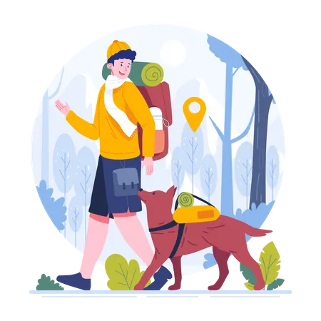 A man hiking a mountain with his pet  Illustration