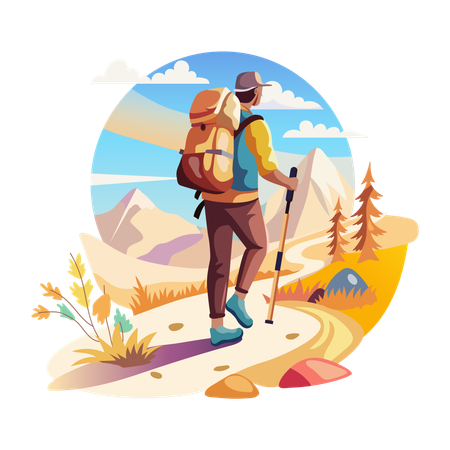 A man hiking on a strange path  Illustration