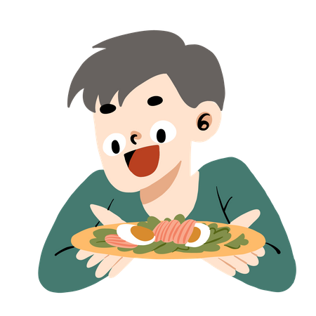 A man holding a plate of breakfast  Illustration