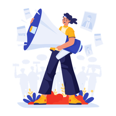 A man holding a megaphone invites to participate of election vote  Illustration