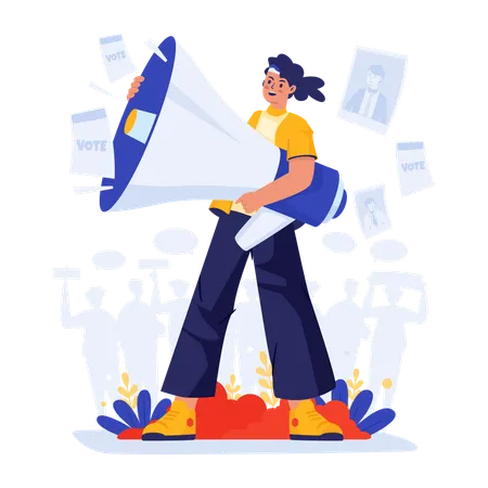 A man holding a megaphone invites to participate of election vote  Illustration