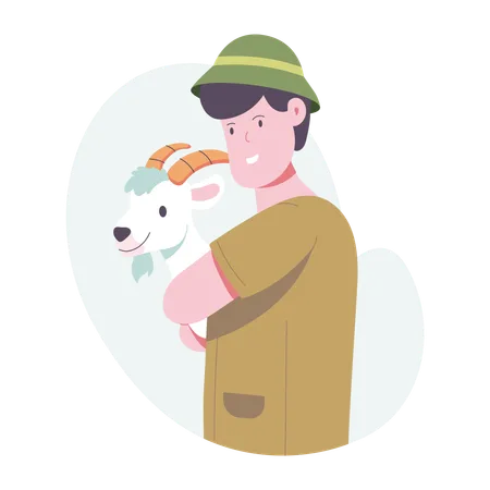 A man hugging pet goat  Illustration