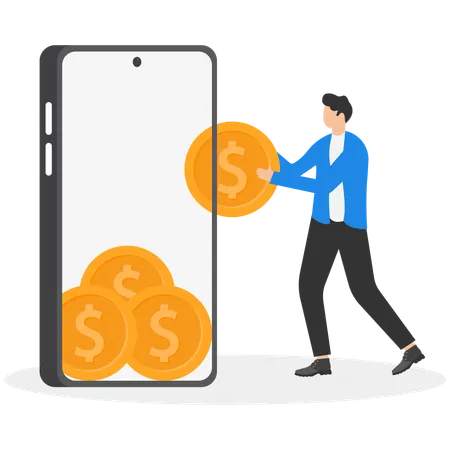 ビジネススーツを着た男性がスマートフォンに金貨を入れる  イラスト