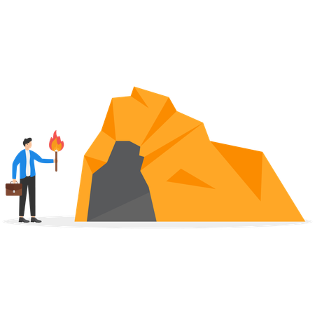 A man in a business suit with a torch stands near the entrance to the cave  Illustration