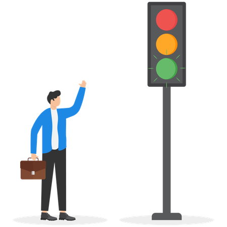 A man in a business suit and a traffic light with a burning green light  Illustration