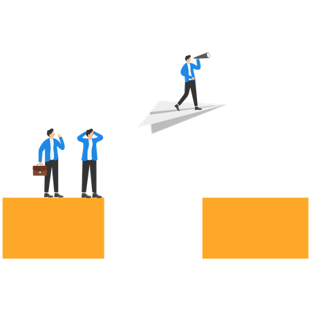 A man in a business suit flies over an abyss on a paper plane,  Illustration