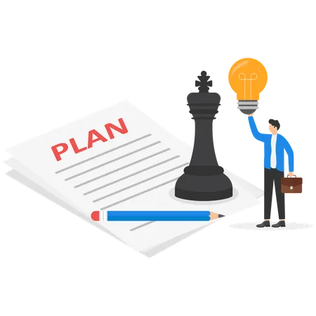 A man in a business suit holds a sheet of paper with a plan and a horse chess piece  Illustration