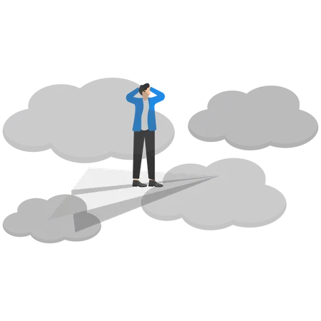 A Man In A Business Suit Is Flying On A Paper Airplane Towards A Thundercloud  Illustration