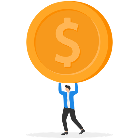 A Man In A Business Suit Is Holding A Large Coin With A Dollar Sign Over His Head  Illustration