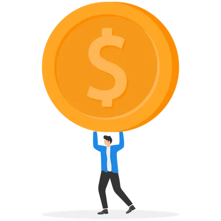 A Man In A Business Suit Is Holding A Large Coin With A Dollar Sign Over His Head  Illustration