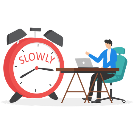 A Man In A Business Suit Is Sitting At His Desk And Is Waiting For The End Of The Working Day Next To The Big Clock  Illustration