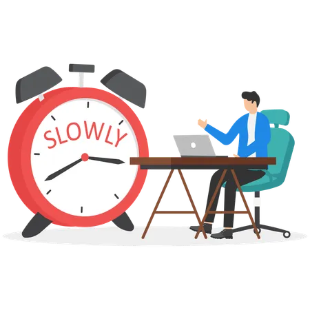 A Man In A Business Suit Is Sitting At His Desk And Is Waiting For The End Of The Working Day Next To The Big Clock  Illustration