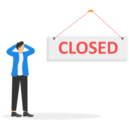 A man in a business suit is standing near a large white sign that says closed  Illustration