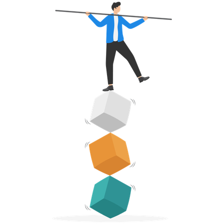 A man in a business suit is standing on cubes trying to keep balance  Illustration