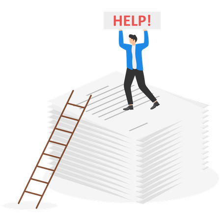 A man in a business suit is standing on a high pile of paper with a helping hand  Illustration