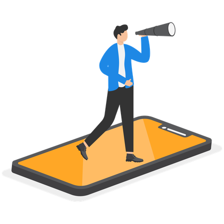 A Man In A Business Suit Is Standing On The Screen Of A Smartphone And Looks In A Telescope  Illustration