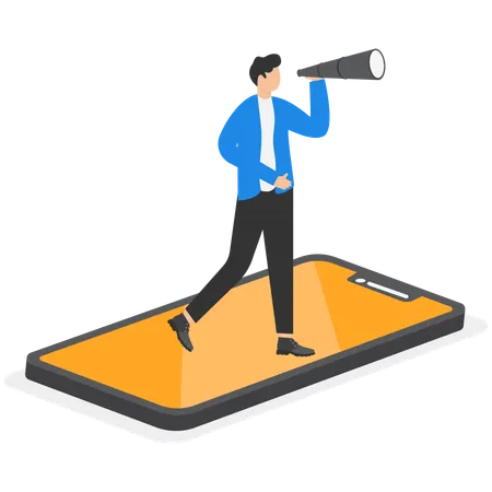 A Man In A Business Suit Is Standing On The Screen Of A Smartphone And Looks In A Telescope  Illustration