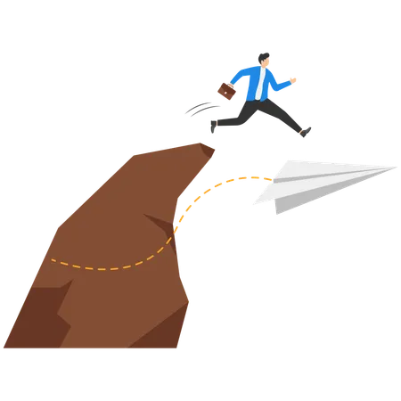 A man in a business suit jumping from a cliff on a flying white paper plane  Illustration