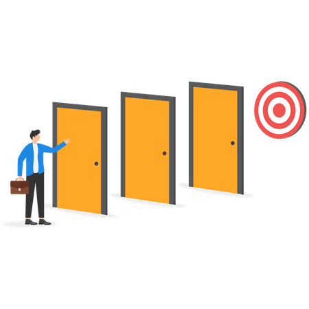 A man in a business suit passes through many doors to the goal  Illustration