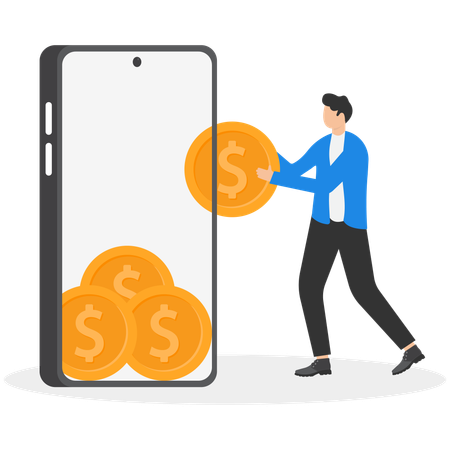 A man in a business suit puts a gold coin in the smartphone  Illustration