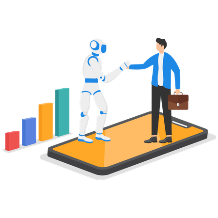 A Man In A Business Suit Shaking Hands With A Robot While Standing On The Tablet Screen  Illustration