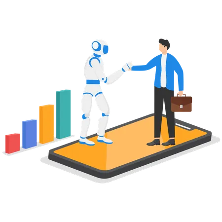 A Man In A Business Suit Shaking Hands With A Robot While Standing On The Tablet Screen  Illustration