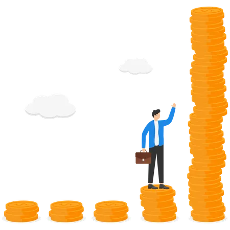 A man in a business suit sits on a pile of coins floating on the clouds  Illustration