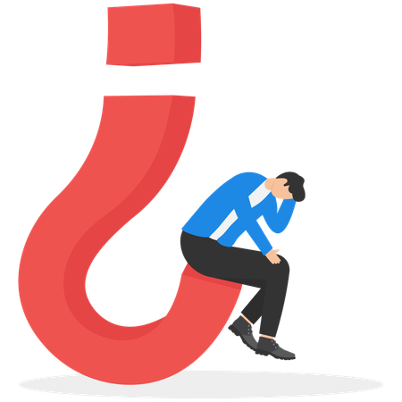 A Man In A Business Suit Sits Thoughtfully On An Inverted Question Mark  Illustration