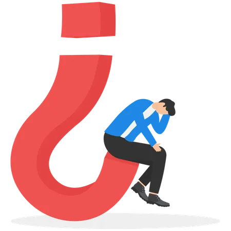 A Man In A Business Suit Sits Thoughtfully On An Inverted Question Mark  Illustration