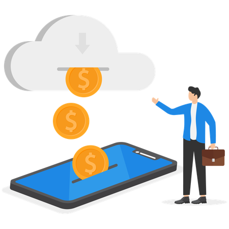 A Man In A Business Suit Stands Next To A Smartphone In Which Gold Coins From The Cloud  Illustration